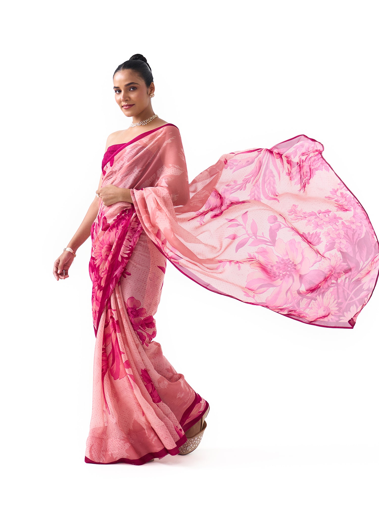 Noor Rose Pink Botanical Chinon Saree