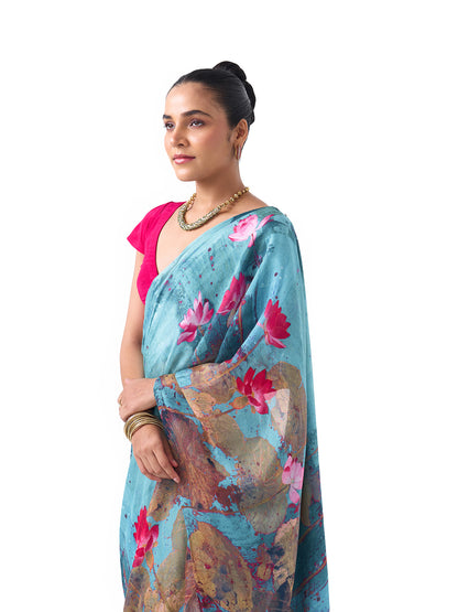 Ela Turquoise Lotus Saree