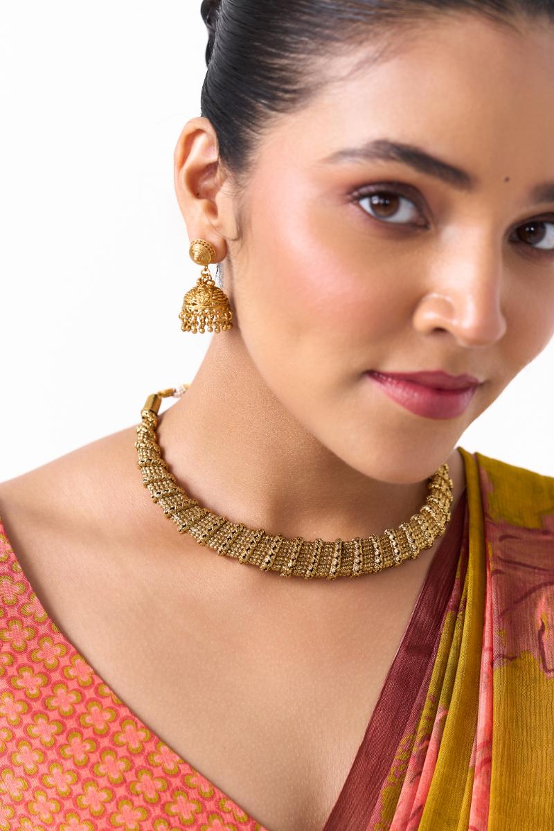 Traditional Gold Choker Necklace with Jhumka Earrings
