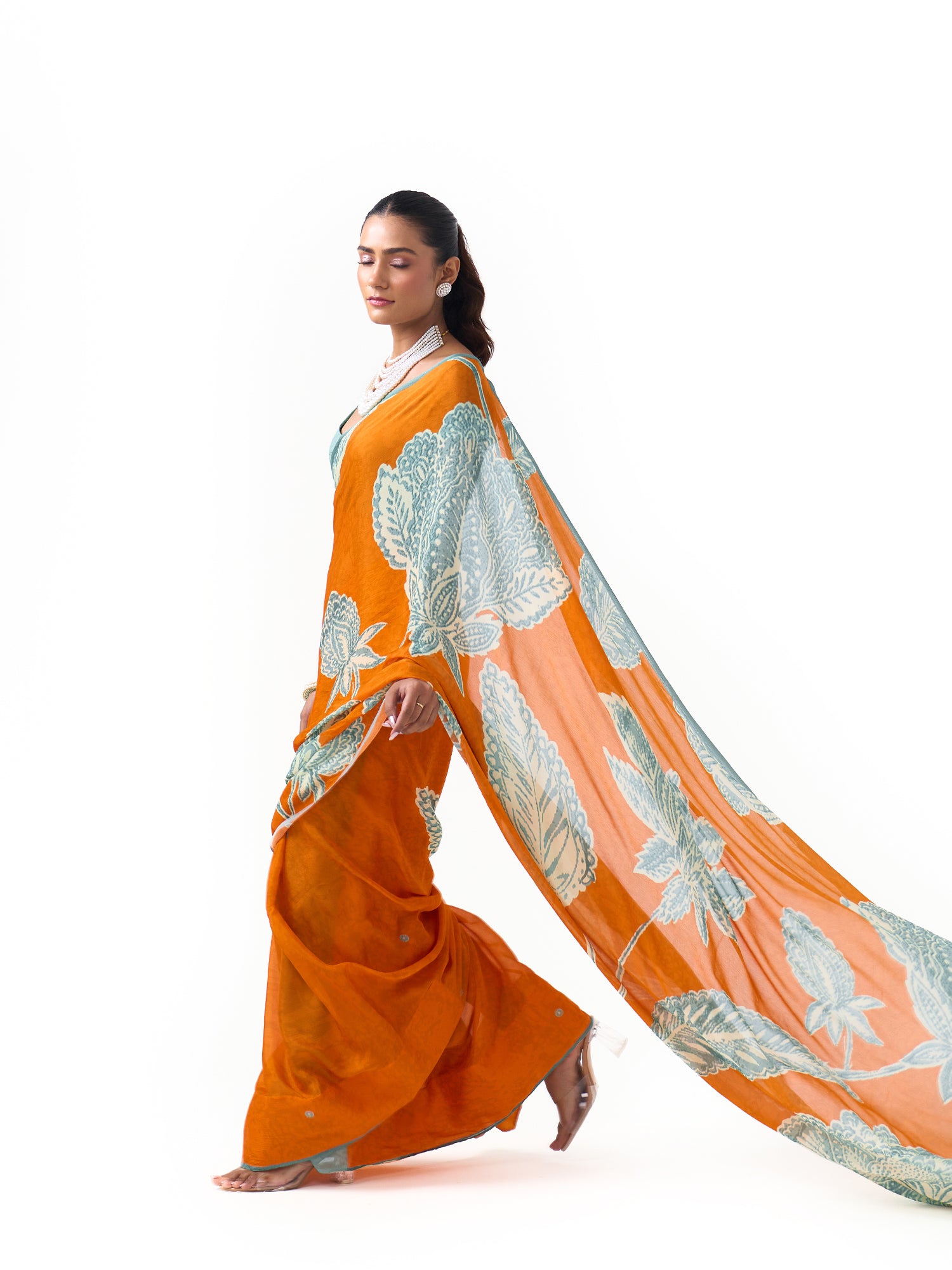 Myra Marigold Orange Chintz Saree