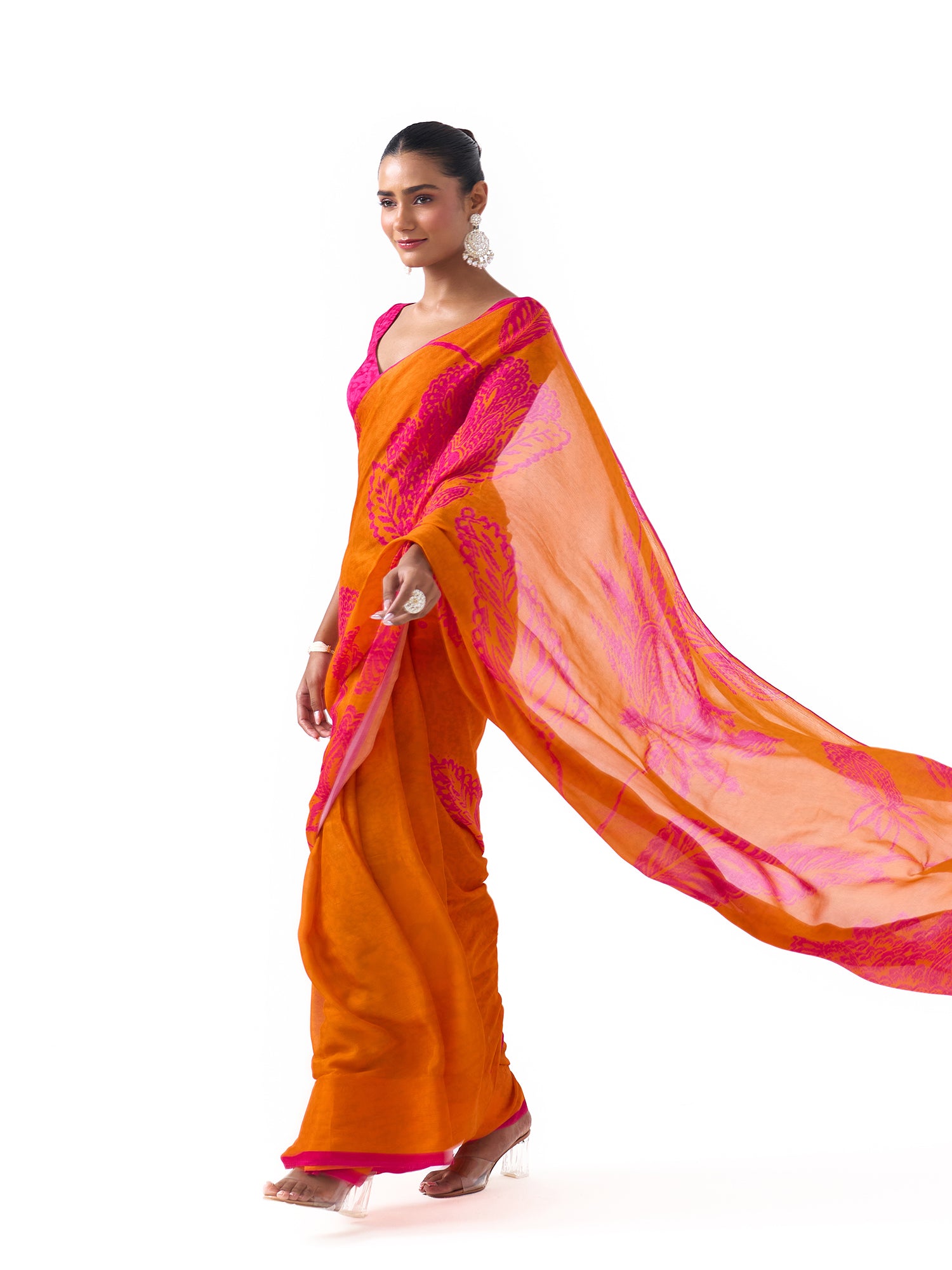 Myra Fuschia Orange Chintz Saree