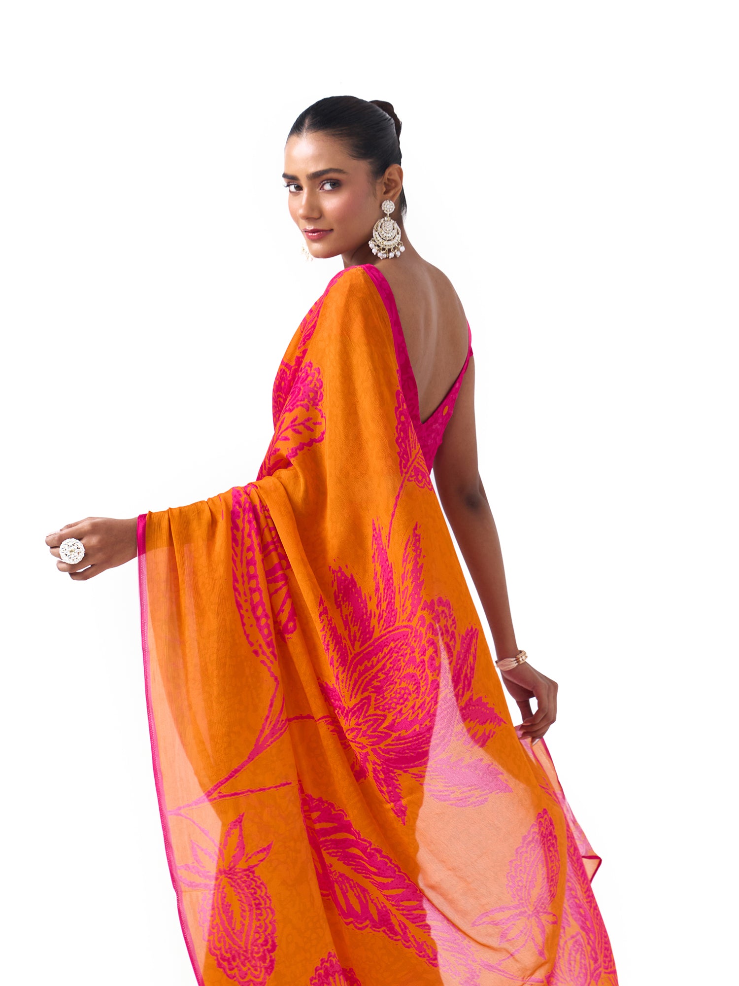 Myra Fuschia Orange Chintz Saree
