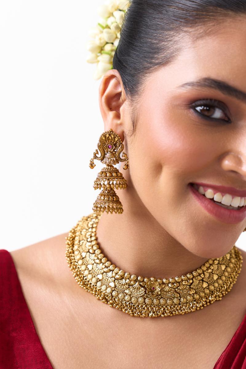 Traditional Gold Choker Necklace with Matching Jhumka Earrings – Floral Motif