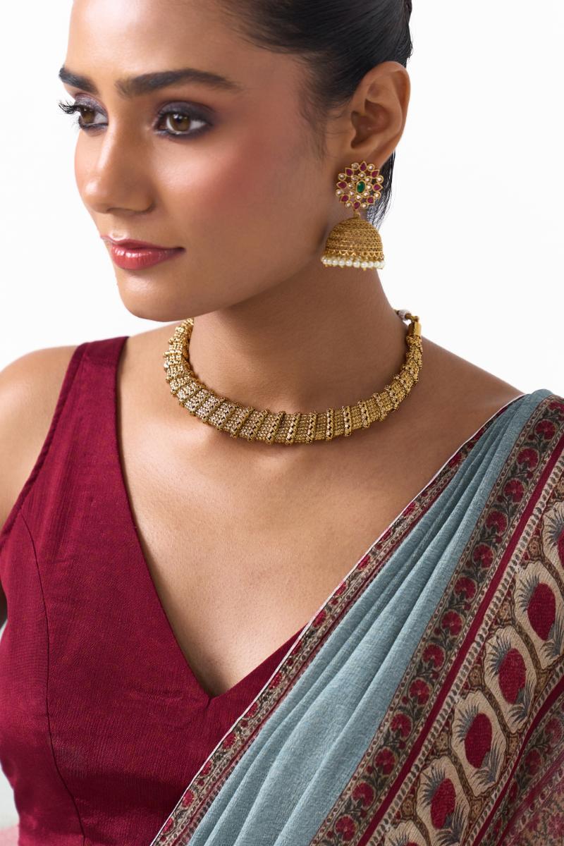 Floral Jhumka Earrings in Gold with Pearls, Rubies & Emerald