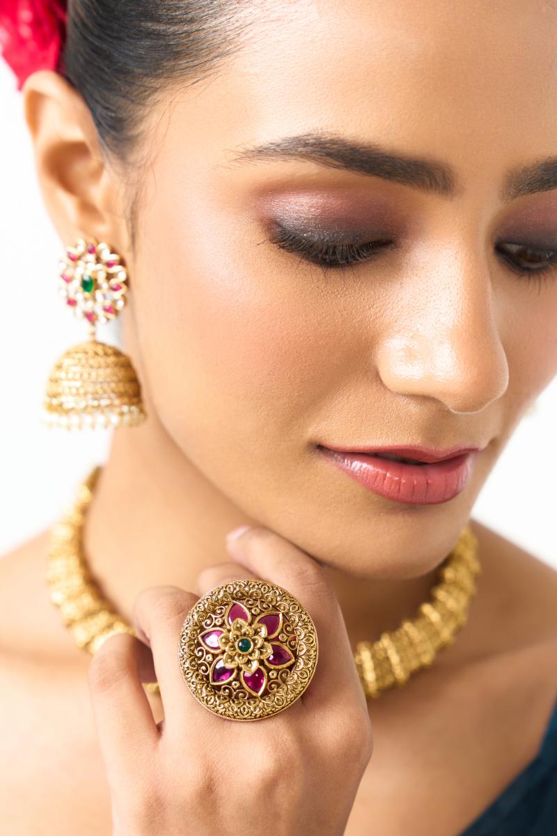 Floral Jhumka Earrings in Gold with Pearls, Rubies & Emerald