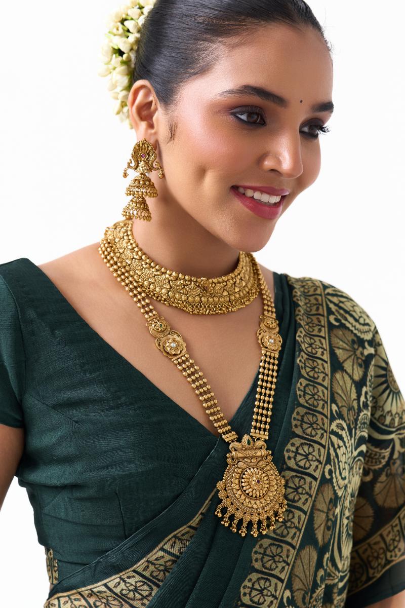 Traditional Round Temple Design Gold Necklace with Jhumka Earrings