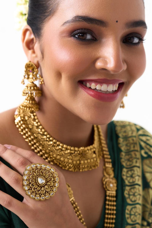 Kundan Temple Jewellery Ring With Antique Gold Finish (Adjustable Design)