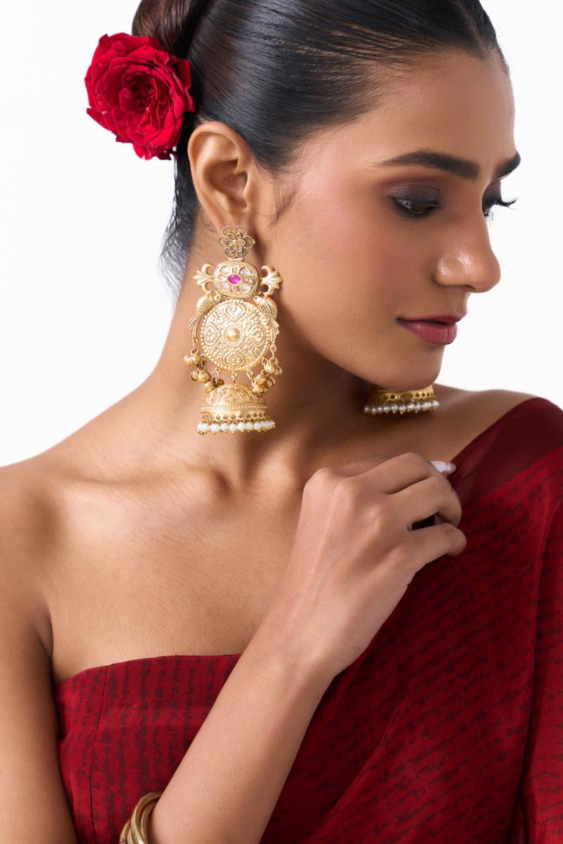 Floral Round Gold Jhumka Earrings with Ruby & Pearl Detailing