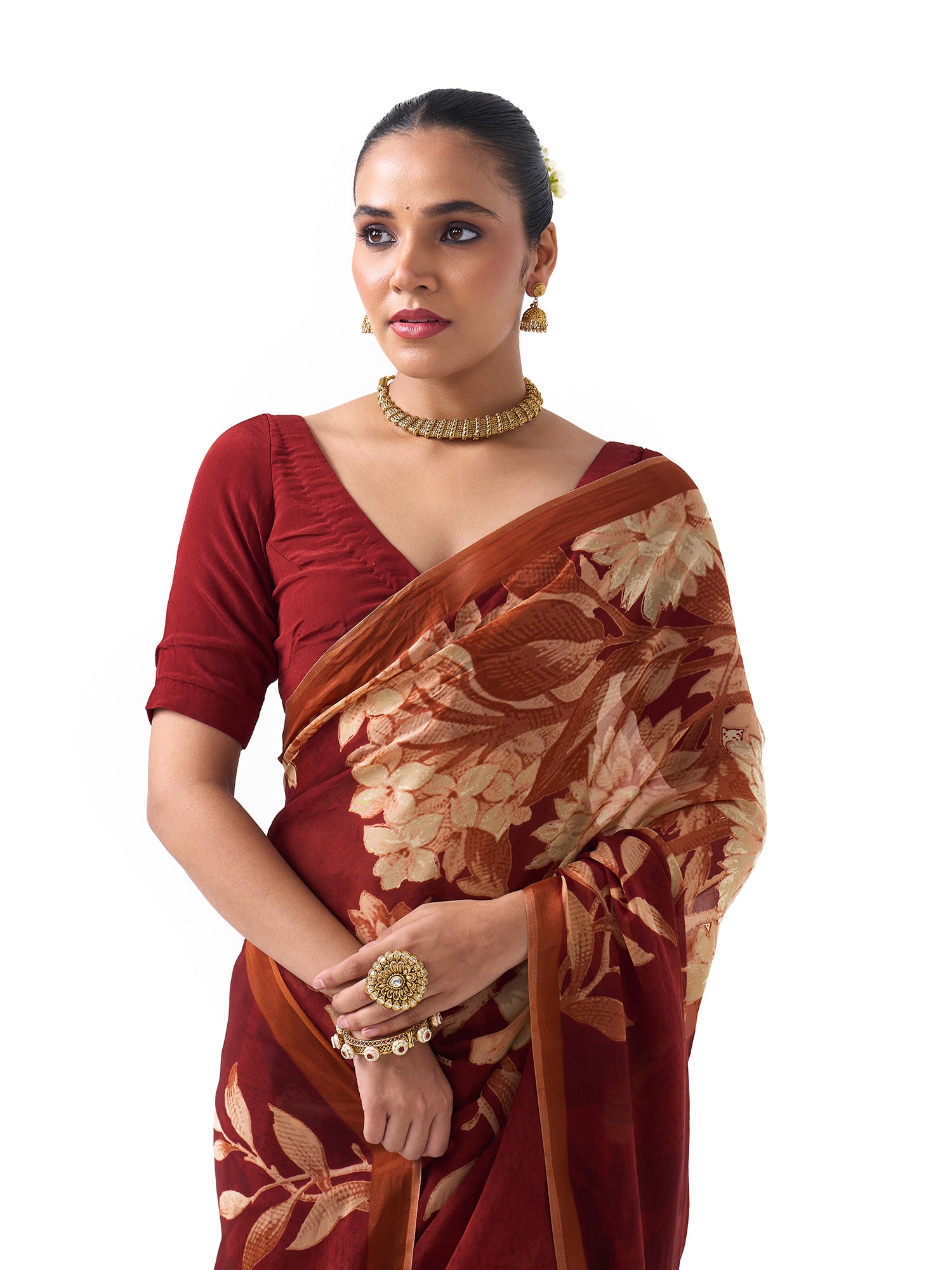 Noor Teracotta Red Botanical Chinon Saree