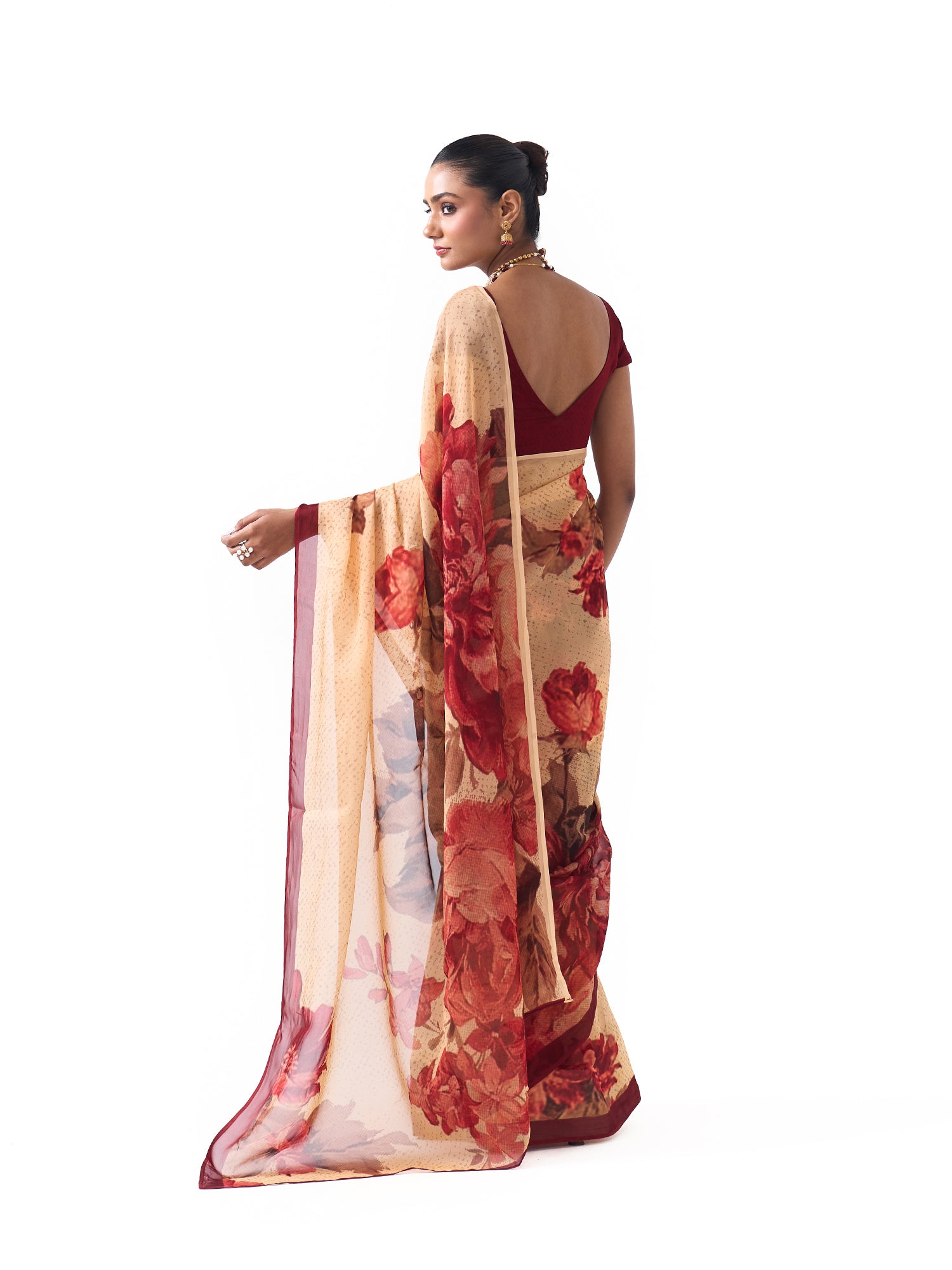 Nia Beige Big Blossoms Saree