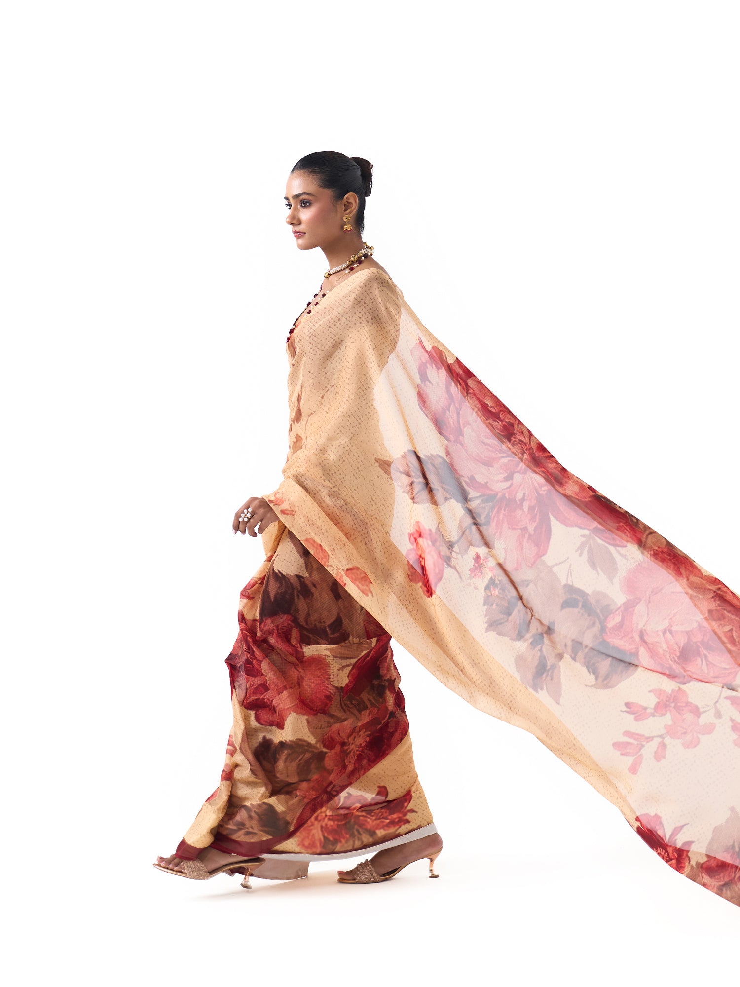 Nia Beige Big Blossoms Saree
