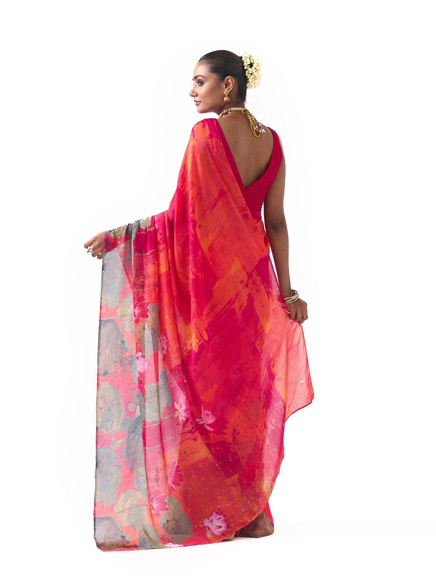 Ela Coral Red Lotus Saree