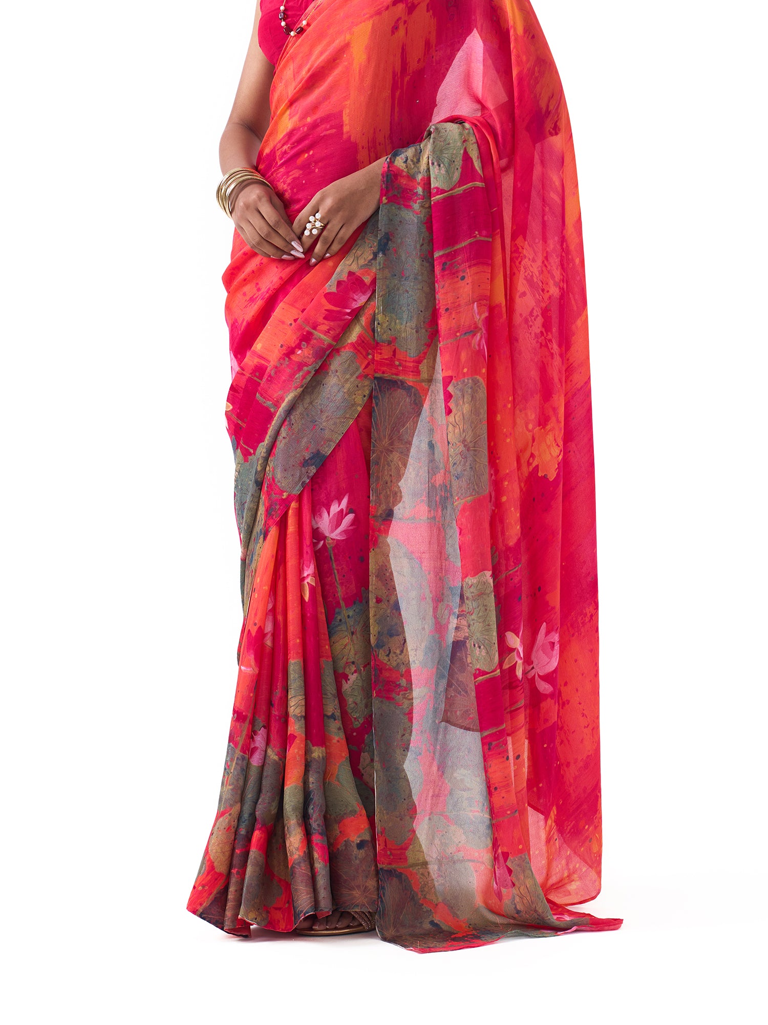 Ela Coral Red Lotus Saree