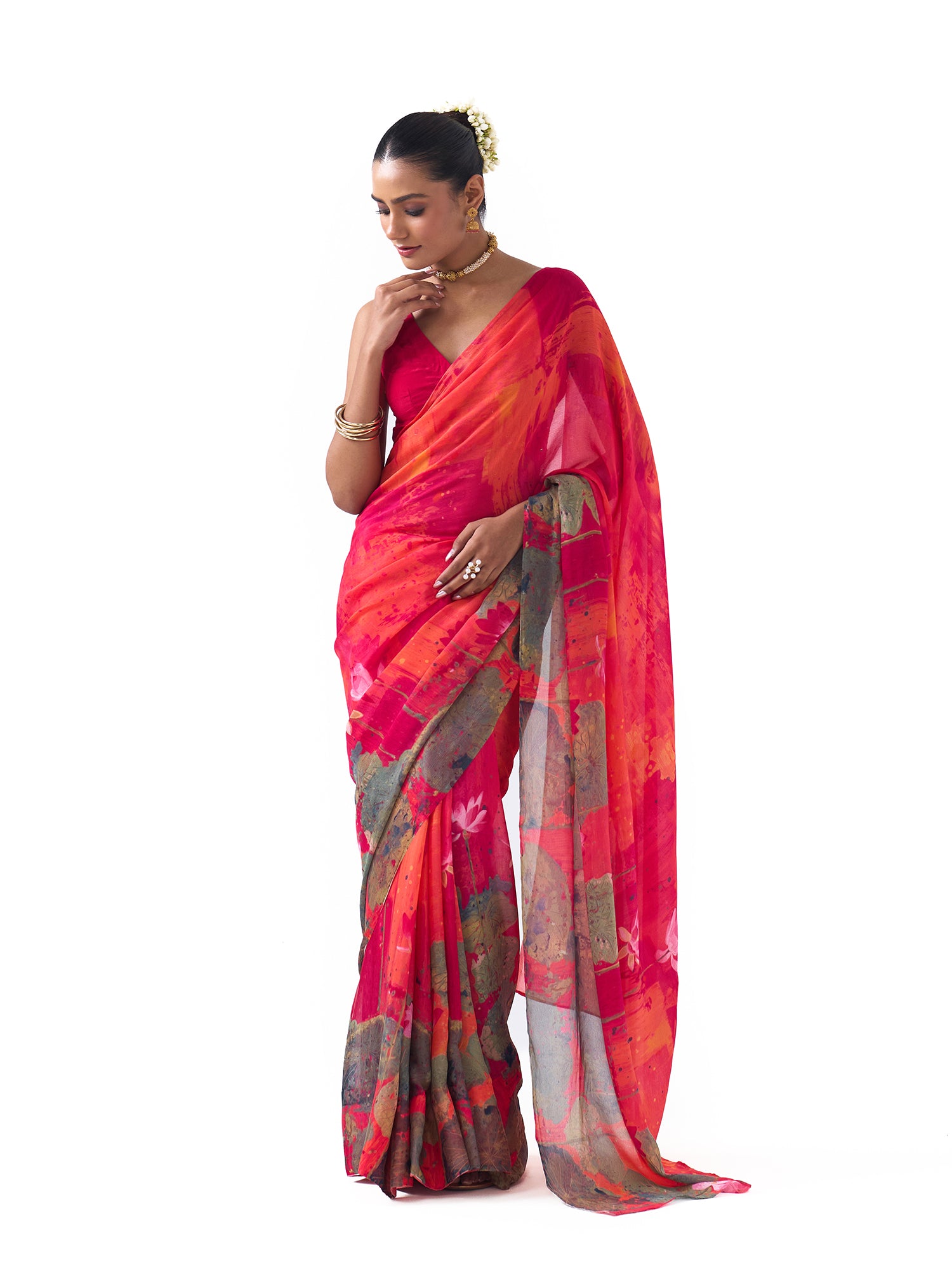 Ela Coral Red Lotus Saree