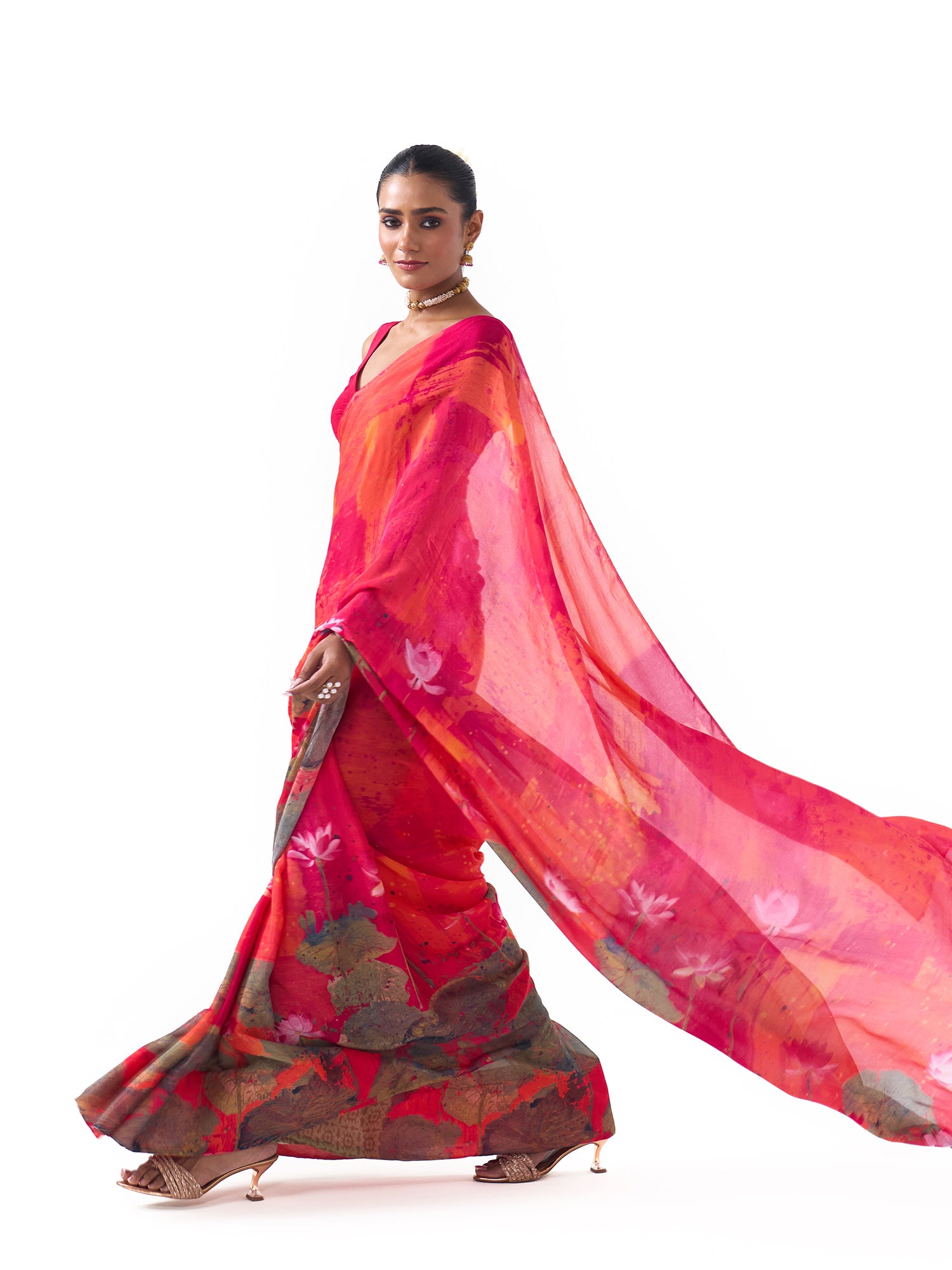 Ela Coral Red Lotus Saree