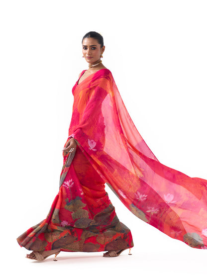 Ela Coral Red Lotus Saree