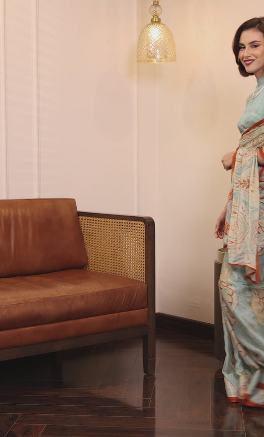 Zehra Powder blue and beige Floral Paisley Chinon Saree
