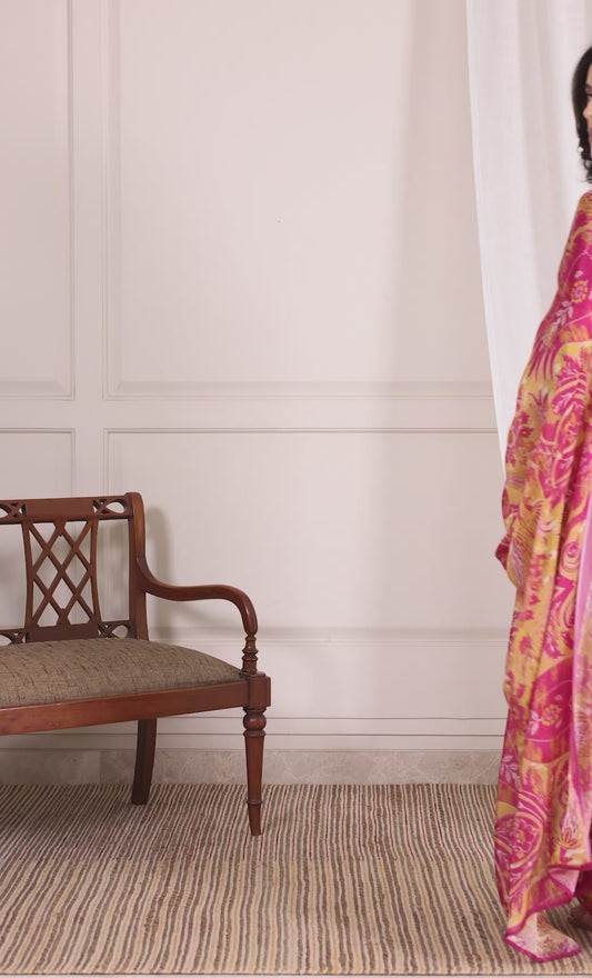 Zehra Rani Pink and yellow Floral Paisley Chinon Saree