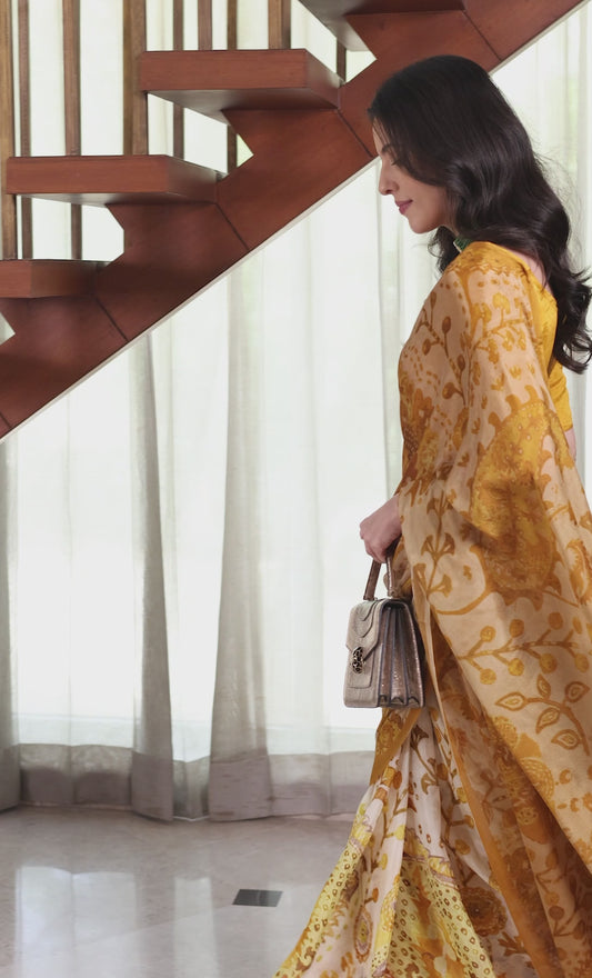 Meher Yellow and white Ajrakh Floral Chinon Saree