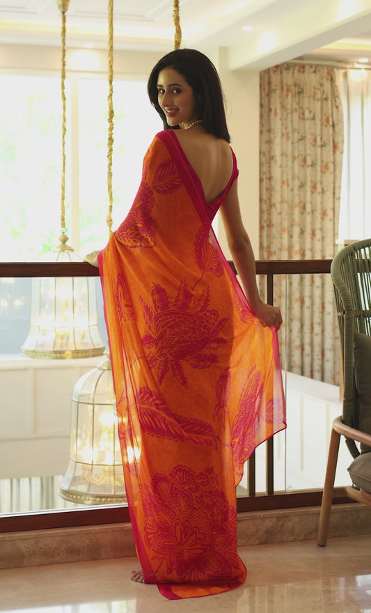 Myra Fuschia Orange Chintz Saree