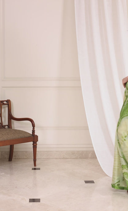 Amara Lime Green and Ivory Abstract Paisley Chinon Saree