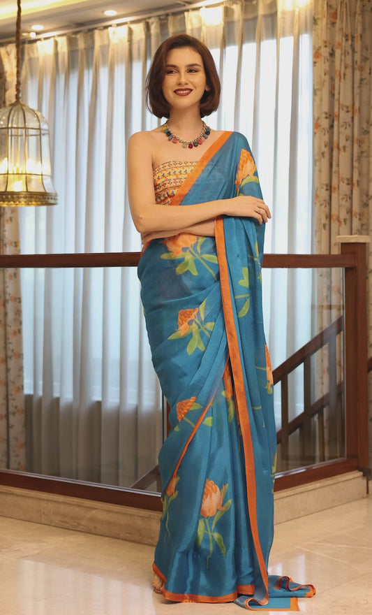 Soraya Azure Blue and Orange Floral Chinon Saree