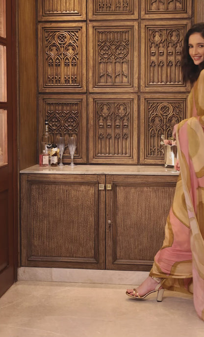 Alina Pink and Soft Olive Abstract Chinon Saree