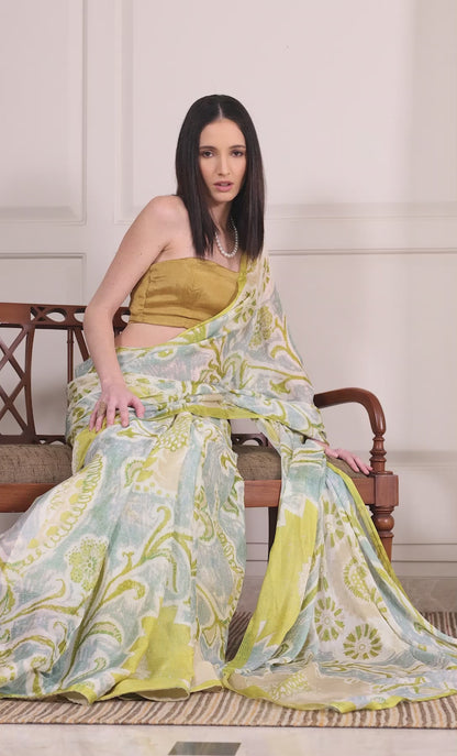 Elyra Sage Green and Gold Floral Paisley Chinon Saree