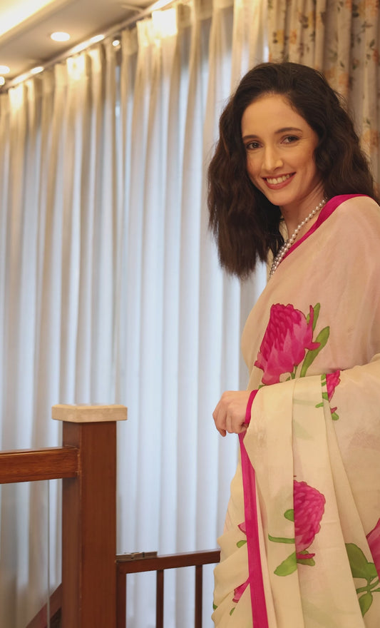 Soraya Off White and Pink Floral Chinon Saree