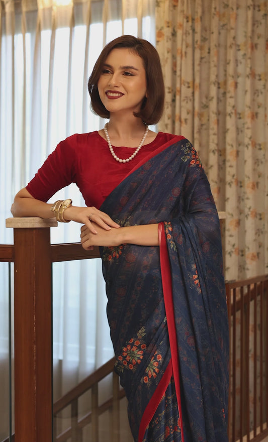 Evara Deep Navy Floral Buti Chinon Saree