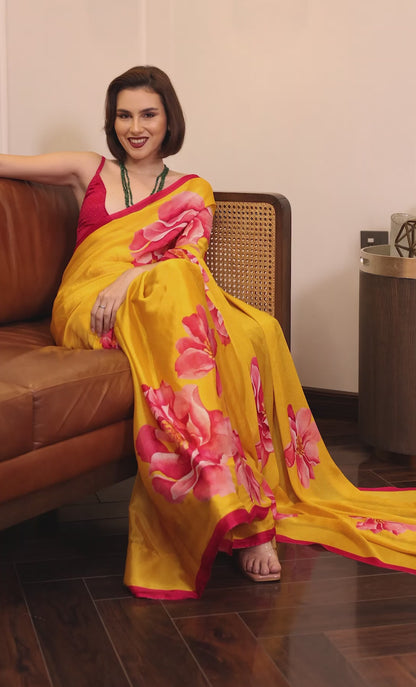 Zareen Yellow and Fuschial Floral Chinon Saree
