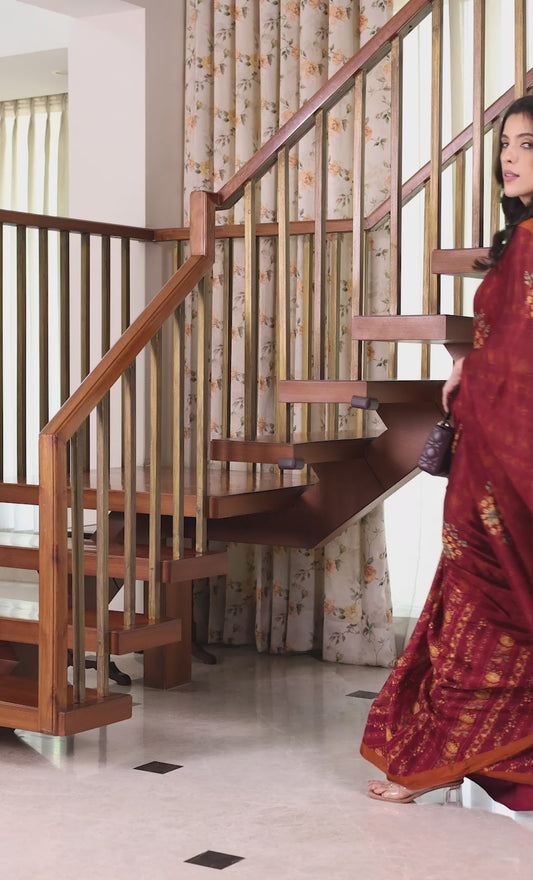 Evara Mint Maroon and Orange Floral Buti Chinon Saree