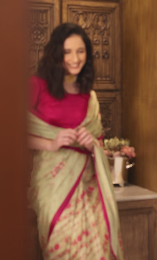 Evara Mint Green and Pink Floral Buti Chinon Saree