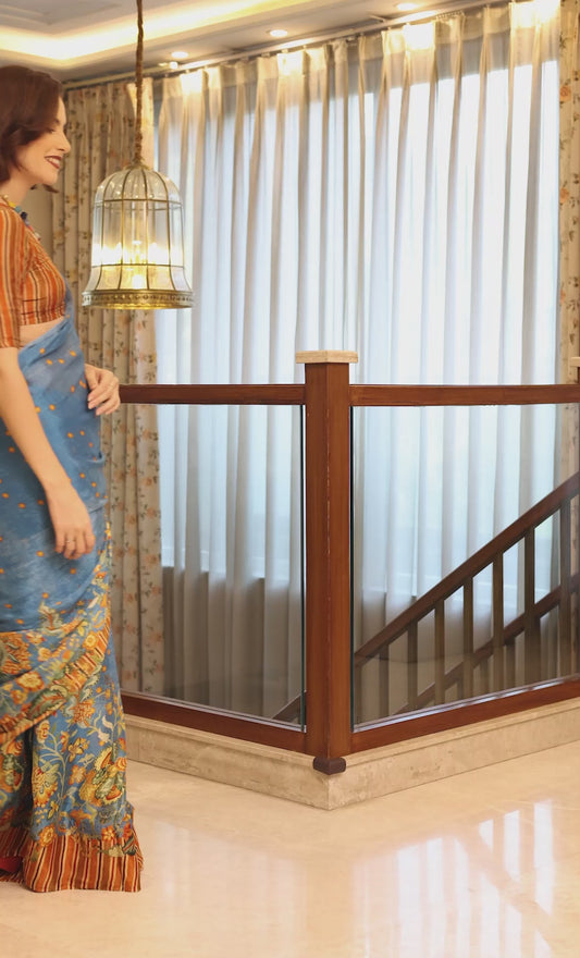 Aurelia Azure Blue and Rust Floral Buti Chinon Saree