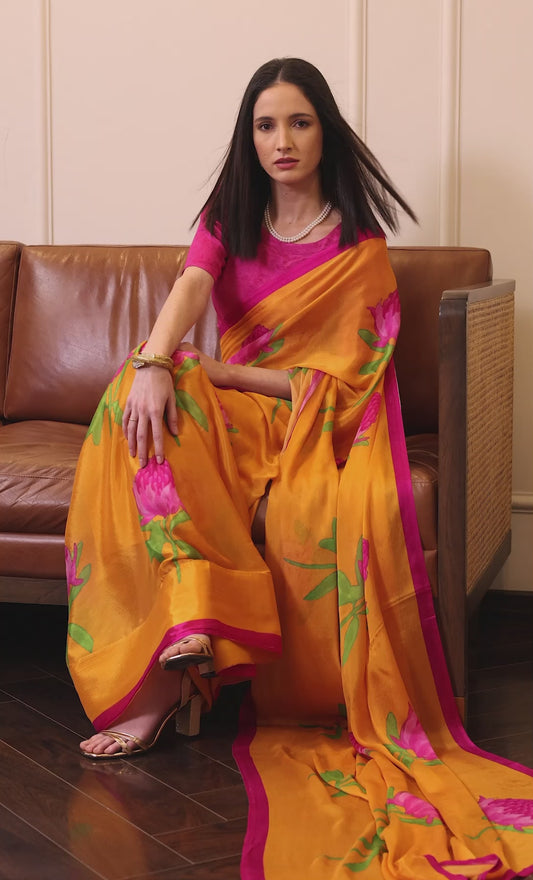 Soraya Marigold and Pink Floral Chinon Saree